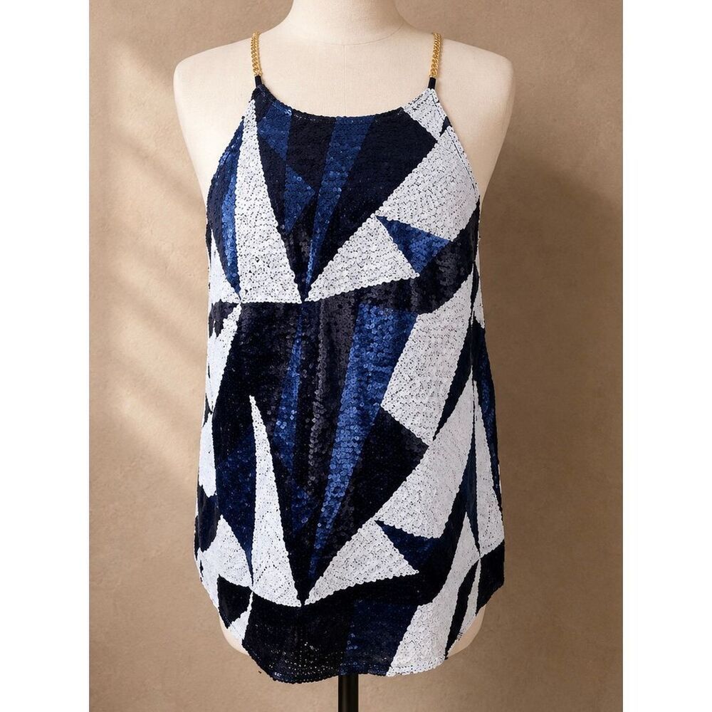 H&M Size Small Sequin Geometric Tank Top Blue White Chain Strap Party Blouse